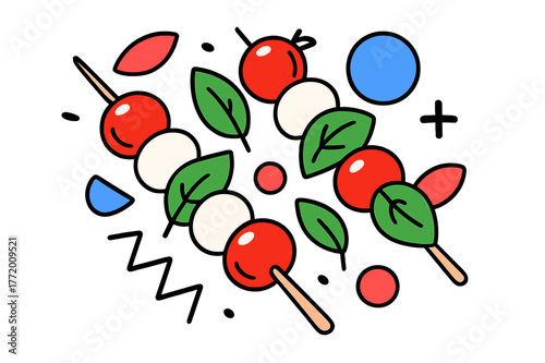 Colorful Caprese Skewers. Caprese Skewers. Overhead view of caprese skewers with cherry tomatoes, mozzarella, basil, and floating abstract geometric shapes,