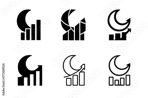 Crescent Moon Logos. Sleep and recovery. Set Logo of Sleep and recovery: crescent moon over recovery graph. harmonious logo variations of the same emblematic