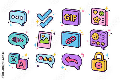 Colorful Messaging Icons. Chat and messaging. Colorful isometric vector icons set of Chat and messaging: typing indicator, read receipts, gif button, sticker
