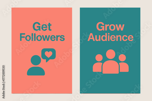 Social Media Banners. Followers. Two vertical A6 banners with safe margins, centered composition, no elements touching edges, minimal, coral and teal, social