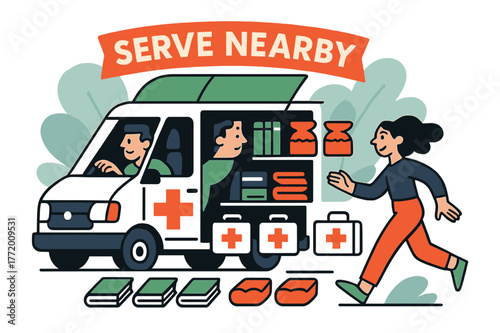 Mobile Mission Van. Mobile Mission Van. A compact van with a cross emblem opens side panels?books, food, and first-aid kits float out in tidy rows. A banner