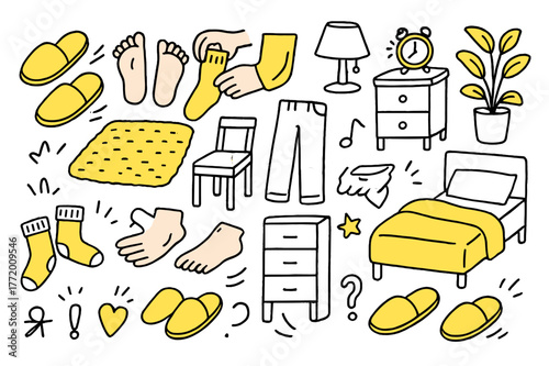 Cozy Morning Routine. Getting ready. Hand-drawn doodle illustration slippers (colored), feet (colored), hands (colored), socks (colored), chair (colored), cozy