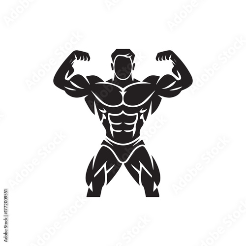 Powerful muscular bodybuilder flexing biceps silhouette illustration. Strong male athlete showing muscles, perfect for gym logo, fitness center branding, bodybuilding poster, or workout design.