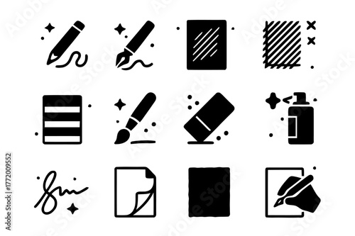 Art Process Icons. Art Process. Solid icons set of Art Process: pencil outline, ink layer, shading lines, crosshatch, color swatch, blending brush, eraser