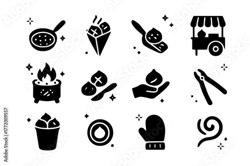 Roasted Chestnut Icons. Roasted Chestnuts. Solid icons set of Roasted Chestnuts: chestnut pan, chestnut cone bag, steaming chestnut, street cart, charcoal