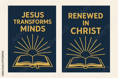 Spiritual Renewal Banners. Renewal in Christ. Two vertical A6 banners with safe margins, centered composition, no elements touching edges, flat vector design,