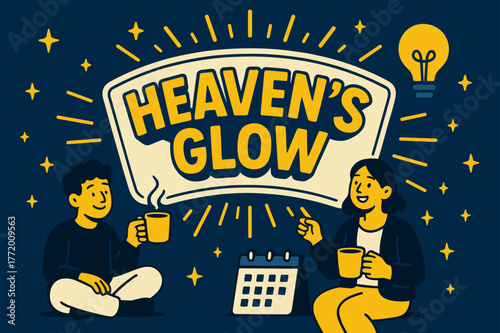 Heaven's Banner Glow. Heaven?s Glow banner, flat vector illustration, bold oversized text inside sticker outline banner, cartoon characters sitting and holding