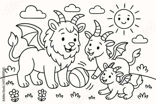 Chimera Family Playtime. Mythical creature family children?s coloring book illustration, outlined drawing, a chimera parent and a baby chimera playing with a