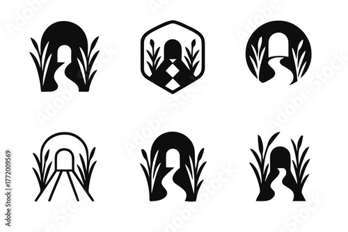 Whispering Corridor Logos. Whispering corridor. Set Logo of Whispering corridor: reed-lined walkway. harmonious logo variations of the same emblematic concept,