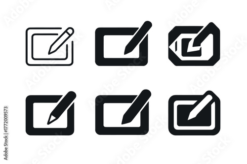 Stylus Logo Variations. Working on a digital illustration. Set Logo of Working on a digital illustration: Graphics tablet with stylus. Icon set. harmonious