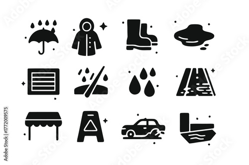 Rainy Street Icons. Rainy street. Solid icons set of Rainy street: umbrella, raincoat, rain boots, puddle, storm drain, windshield wiper, raindrops, wet street