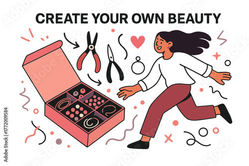 Colorful Jewelry Kit. DIY jewelry kit. Open box filled with colorful beads, wire, and small tools floating playfully. Invitation to create your own beauty.