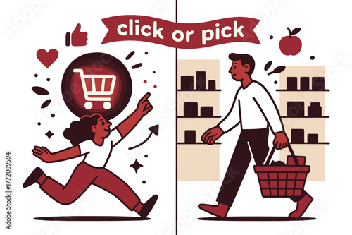 Virtual vs Physical Shopping. Shopping Habits ? Online Cart vs Aisle. Split scene: left shows a glowing cart icon; right shows a calm aisle with a basket.