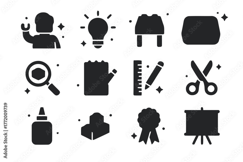 Fototapeta premium LEGO Creativity Icons. LEGO Creativity Workshop. Solid icons set of LEGO Creativity Workshop: instructor figure, lightbulb icon, build table, tray of bricks,