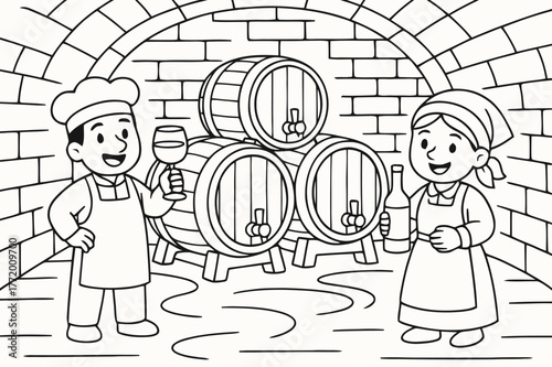 Colorful Wine Cellar Fun. wine cellar with barrels children?s coloring book illustration, outlined drawing, a cozy wine cellar with big barrels and happy wine