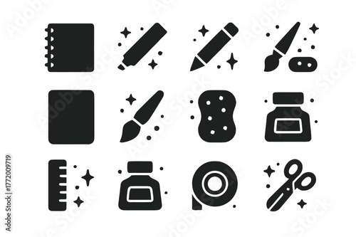 Art Supplies Icons. Art Supplies. Solid icons set of Art Supplies: sketchbook, marker, colored pencil, fineliner, watercolor palette, paintbrush, sponge,