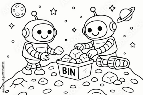 Smiling Robots Collecting Rocks. Space mining robots children?s coloring book illustration, outlined drawing, two smiling helper robots gently collecting rocks