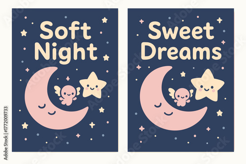 Kawaii Midnight Banners. Gentle Midnight. Two vertical A6 banners with safe margins, centered composition, no elements touching edges, kawaii, navy and pastel