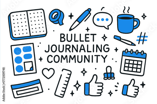 Bullet Journaling Icons. // Bullet journaling community. Hand-drawn doodle illustration Bullet journaling community [dotted notebook (accented), gel pen, washi