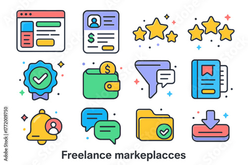 Colorful Freelance Icons. Freelance marketplaces. Colorful isometric vector icons set of Freelance marketplaces: platform homepage, job posting card, bid