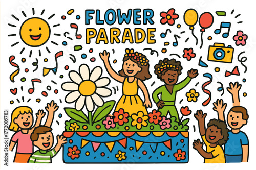 Festive Flower Parade. Flower parade. Colorful Hand-drawn doodle Children illustration Flower parade decorated float, garlands, crowd cheering, music notes,