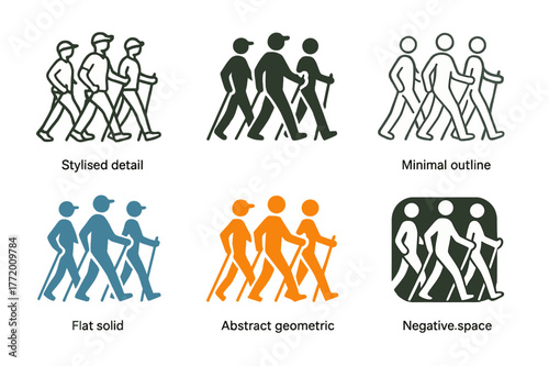 Active Aging Logos. Active aging. Set Logo of Active aging: walking group with poles. harmonious logo variations of the same emblematic concept, each with