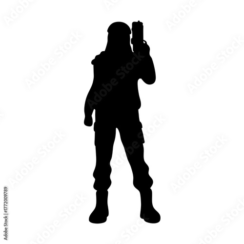 A menacing black silhouette of a soldier holding a firearm, ready for action
