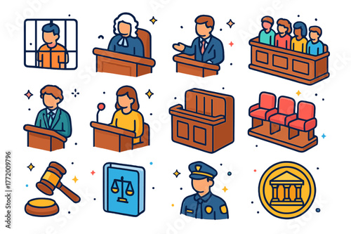 Courtroom Icons Grid. Courtroom scene. Colorful isometric vector icons set of courtroom scene: defendant, judge, prosecutor, lawyer, witness, jury box,