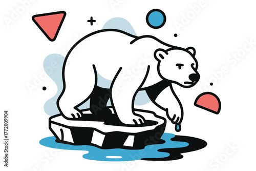 Polar Bear Geometry. Endangered Species. Polar bear on melting ice with floating abstract geometric shapes and soft highlights, rare and vulnerable scene.