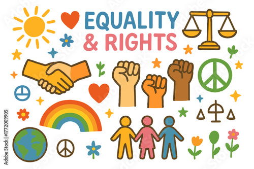 Colorful Equality Symbols. Equality and rights. Colorful Hand-drawn doodle Children illustration Equality and rights justice scales, heart, rainbow, handshake,