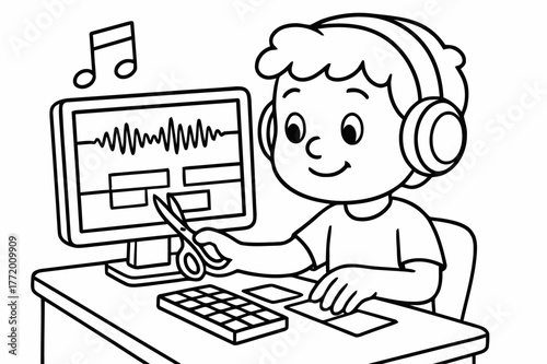 Kids' Audio Editing. Music editing children?s coloring book illustration, outlined drawing, a computer screen showing simple sound waves and a producer cutting