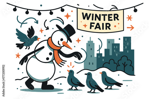 Snowman in Winter Fair. Snowman ? City Square. Minimal skyline, string lights above; a snowman entertains pigeons with a jaunty bow. Banner reads ?winter