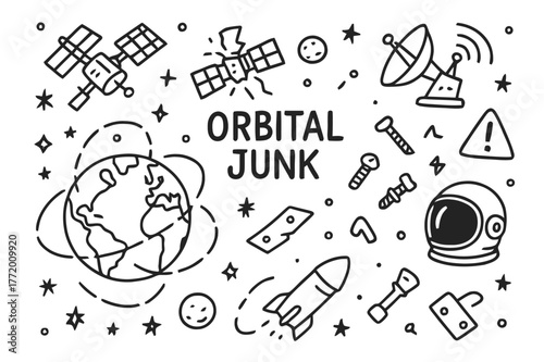 Orbital Junk Chaos. Orbital junk. Hand-drawn doodle illustration orbital junk satellites, bolts, metal plates, rocket parts, Earth orbit, radar dish, warning