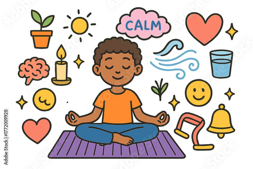 Mind-Body Fitness Symbols. Mind-body fitness. Colorful Hand-drawn doodle Children illustration Mind-body fitness lotus pose, yoga mat, candle, calm cloud,
