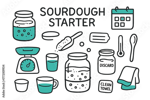 Sourdough Starter Essentials. // Sourdough starter. Hand-drawn doodle illustration Sourdough starter [glass jar (accented), rubber band, starter bubbles