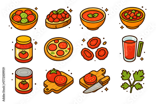 Tomato Kitchen Delights. Tomato-based kitchen creations. Colorful isometric vector icons set of Tomato-based kitchen creations: fresh tomato salad, bruschetta,