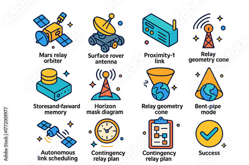 Planetary Relay Icons. Planetary relay architecture. Colorful isometric vector icons set of Planetary relay architecture: Mars relay orbiter, surface rover