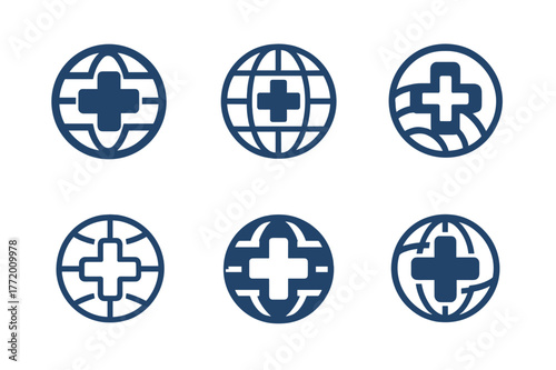 Harmonious Hospital Logos. International hospital. Set Logo of International hospital: cross within globe. harmonious logo variations of the same emblematic