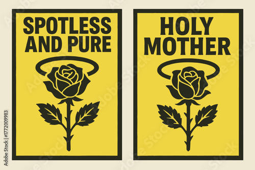 Purity and Divinity. Rose Without Thorn. Two vertical A6 banners with safe margins, centered composition, no elements touching edges, brutalist, charcoal and