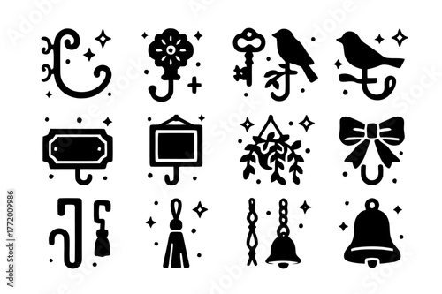 Decorative Hook Icons. Decorative hooks and accents. Solid icons set of Decorative hooks and accents: ornate hook, ceramic knob, vintage key hook, bird motif,