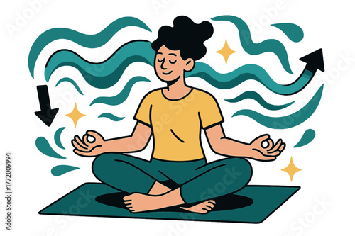 Yoga Amidst Chaos. Navigating stress. Person practicing yoga on mat with abstract floating waves, arrows, and sparkles; conveys balance, relaxation, and stress