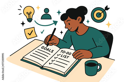 Goal Setting Scene. A person setting goals and writing a to-do list in a planner for self-improvement. Desk scene with planner, coffee cup, and sticky notes;
