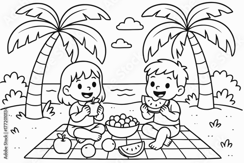 Beachside Picnic Coloring. Beach picnic under palm trees children?s coloring book illustration, outlined drawing, kids sitting on a blanket eating fruit under