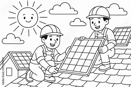 Solar Rooftop Coloring Page. Solar panel installations children?s coloring book illustration, outlined drawing, smiling workers placing solar panels on a sunny
