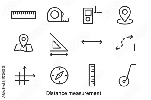 Distance Measurement Icons. Distance measurement. Line icon set of measuring distance: ruler, tape measure, laser meter, gps signal, map pin,