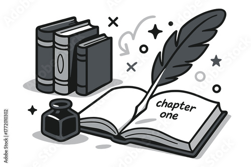 Antique Writer's Desk. Antique Books ? Writer?s Desk. Ink bottle, feather pen, and open ledger with soft shadows. A subtle note reads ?chapter one?. Modern