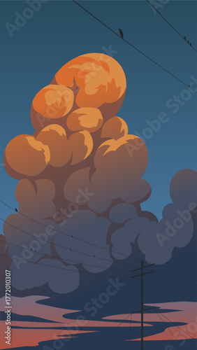 Vector illustration of sunset clouds over power lines