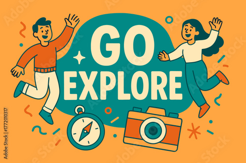 Adventure Awaits Banner. Go explore banner, flat vector illustration, bold oversized text inside rounded blob, cartoon characters jumping and waving, compass