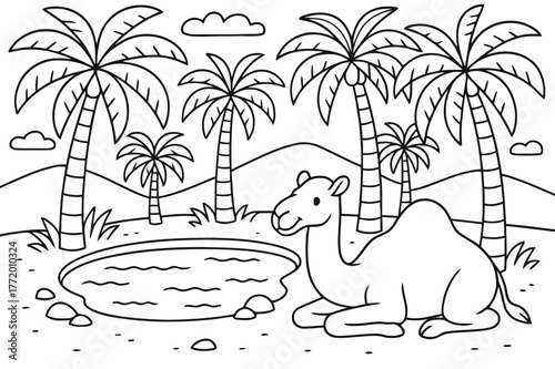 Desert Oasis Coloring. Palm oasis in the desert children?s coloring book illustration, outlined drawing, palm trees surrounding a small pond with a camel