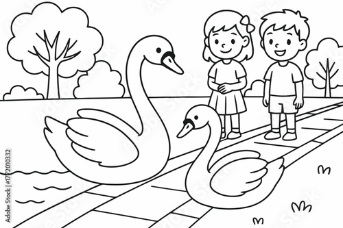 Swan Lake Coloring. Swans on the embankment children?s coloring book illustration, outlined drawing, graceful swans near the edge of a walkway with kids